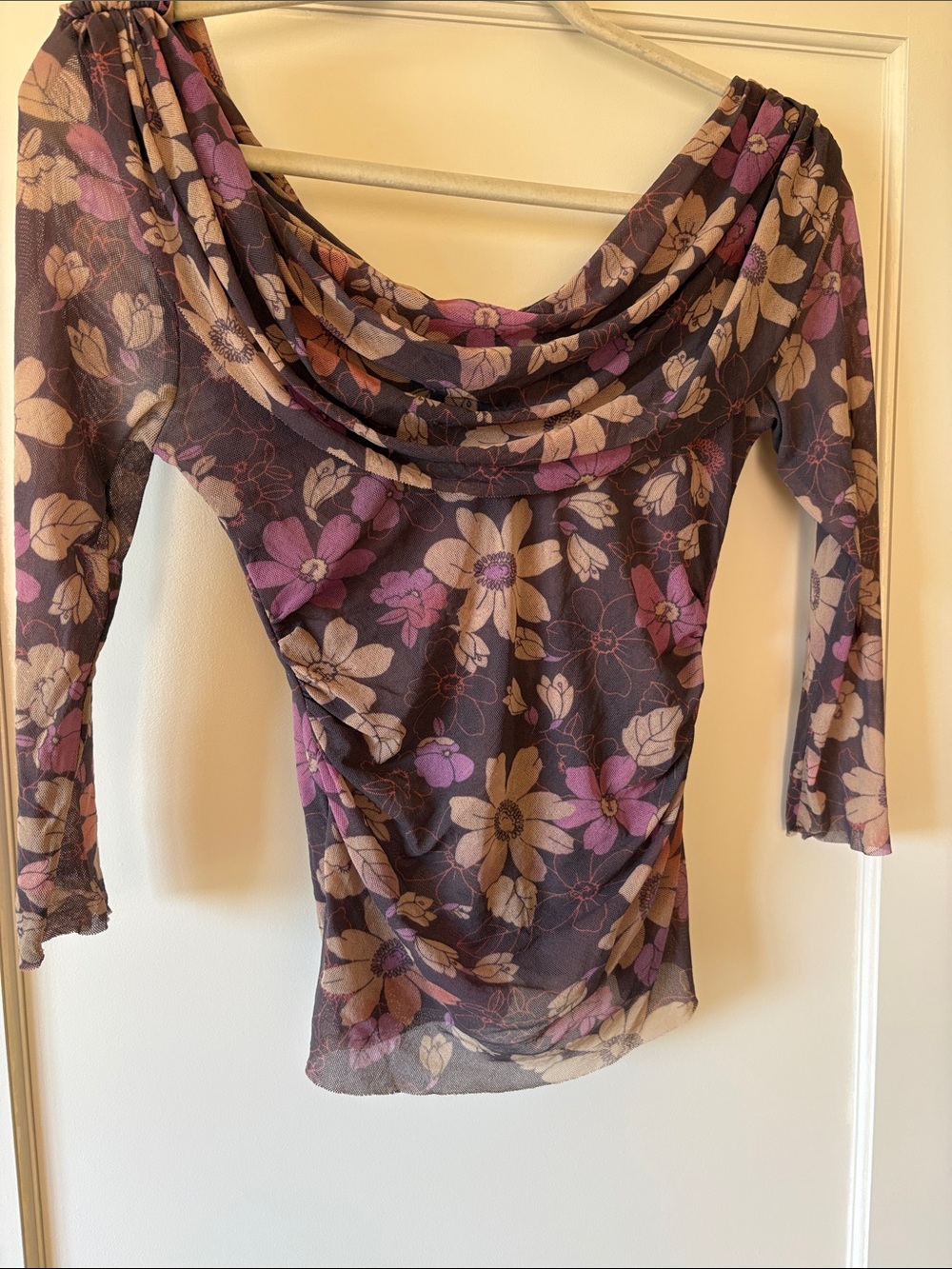 Sweet Pea Sheer Floral Cowl Neck Top in Purple and Beige